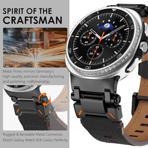 WINGLE Leather Band for Galaxy Watch 8/8 Classic Band Samsung Galaxy Watch 8 Bands Men 46mm 44mm 40mm Rugged Top Grain Genuine Leather Strap Metal Connector Armor Classy Casual Business Bands, Black - Image 3