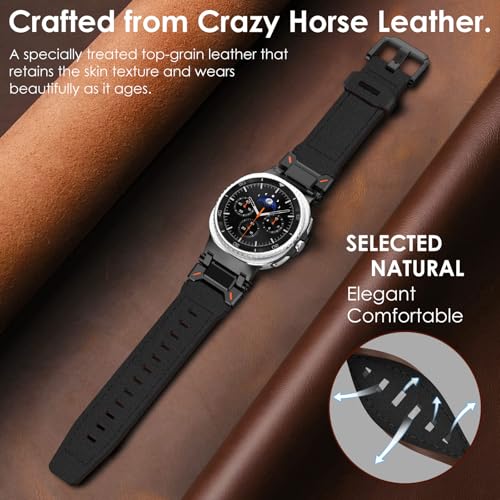 WINGLE Leather Band for Galaxy Watch 8/8 Classic Band Samsung Galaxy Watch 8 Bands Men 46mm 44mm 40mm Rugged Top Grain Genuine Leather Strap Metal Connector Armor Classy Casual Business Bands, Black - Image 4