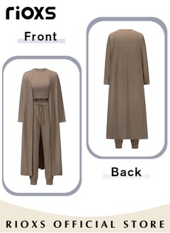 RIOXS Women 3 Pieces Knitted Loungewear Set, Long Sleeve Cardigan Overcoat & Tank Top & High Waist Long Pants With Pocket And Drawstring, Solid Color Ladies Lounge Set for Spring, Fall, Winter, Event, Home, Office, Casual Daily Wear  - Image 4