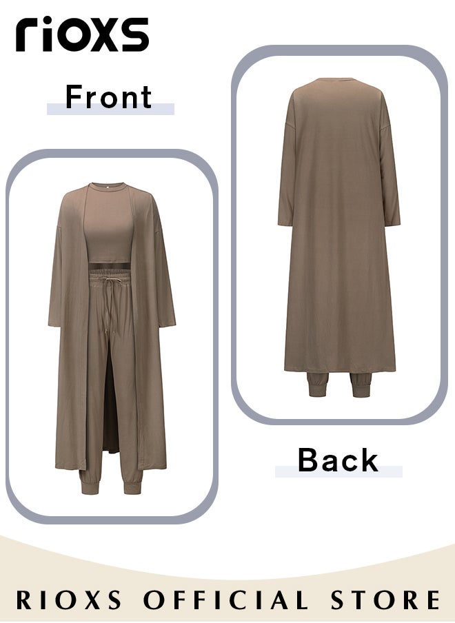 RIOXS - Women 3 Pieces Knitted Loungewear Set, Long Sleeve Cardigan Overcoat & Tank Top & High Waist Long Pants With Pocket And Drawstring, Solid Color Ladies Lounge Set for Spring, Fall, Winter, Event, Home, Office, Casual Daily Wear - Image 1