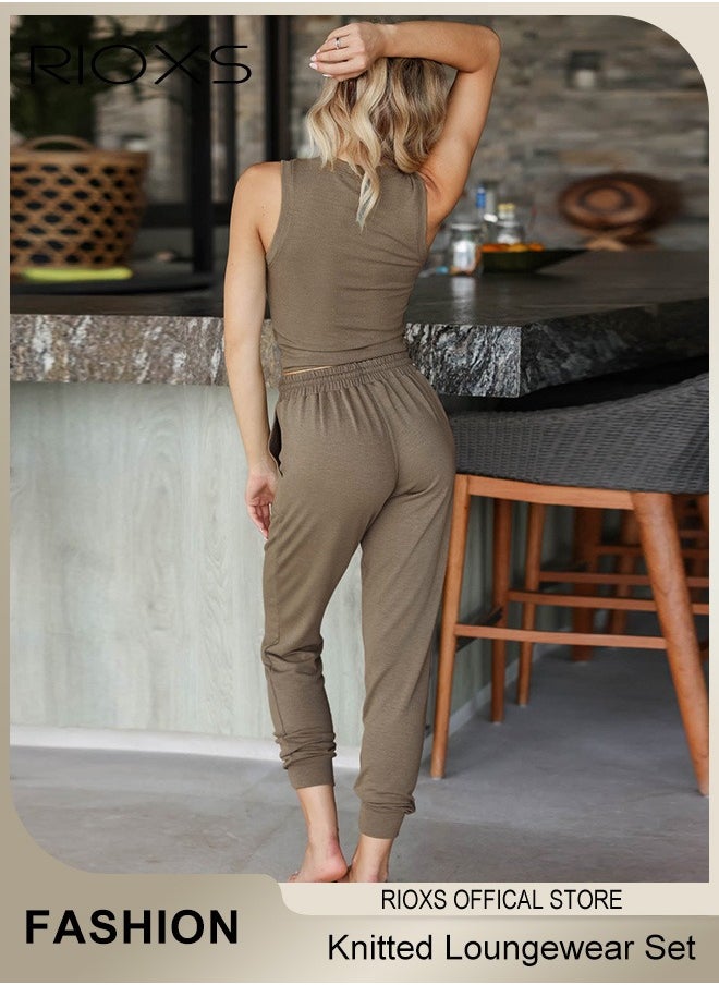 RIOXS - Women 3 Pieces Knitted Loungewear Set, Long Sleeve Cardigan Overcoat & Tank Top & High Waist Long Pants With Pocket And Drawstring, Solid Color Ladies Lounge Set for Spring, Fall, Winter, Event, Home, Office, Casual Daily Wear - Image 1