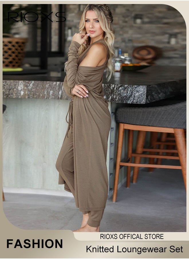 RIOXS - Women 3 Pieces Knitted Loungewear Set, Long Sleeve Cardigan Overcoat & Tank Top & High Waist Long Pants With Pocket And Drawstring, Solid Color Ladies Lounge Set for Spring, Fall, Winter, Event, Home, Office, Casual Daily Wear - Image 1
