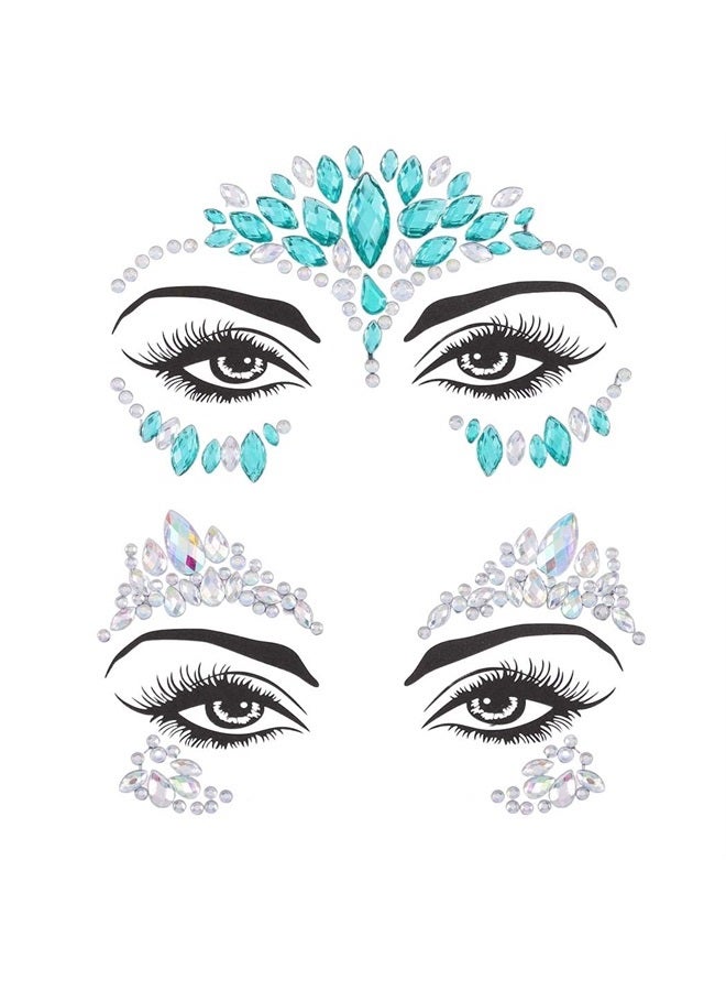 Aularso Rhinestone Face Gems Mermaid Face Jewels Rave Party Crystal Body Eyes Jewel Temporary Halloween Face Stickers for Women and Girls 2PCS - Image 2