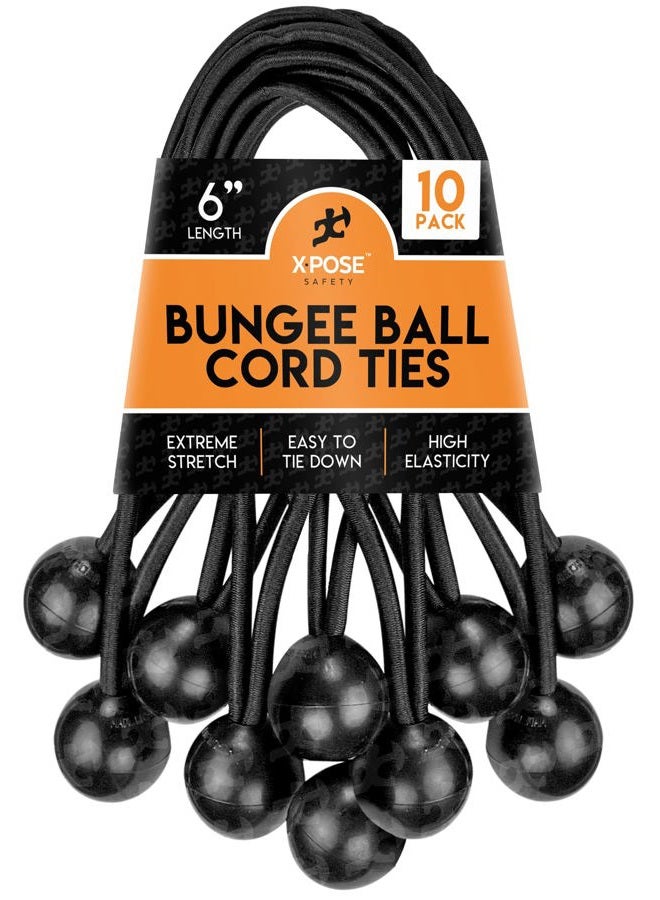 xpose safety Bungee Ball Cords 6" 10 Pack Heavy Duty Black Stretch Rope with Ball Ties for Canopies, Tarps, Walls, Cable Organization - Image 1