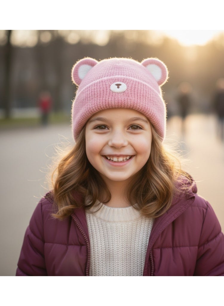 zoba Cute Bear Winter Ice Cap for Kids – Soft Wool Hat with Fluttering Ears – Warm and Lightweight – Suitable for Girls and Boys – Stylish Pink Color – Perfect for Cold Weather - Image 3