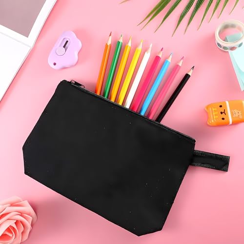 Metsi 12 Pieces Canvas Makeup Bags with Zipper | Plain Cosmetic Pouch for DIY Customization | Travel Toiletry Stationery Makeup Cosmetic Organizer for Women Girls - Dark Black - Image 3