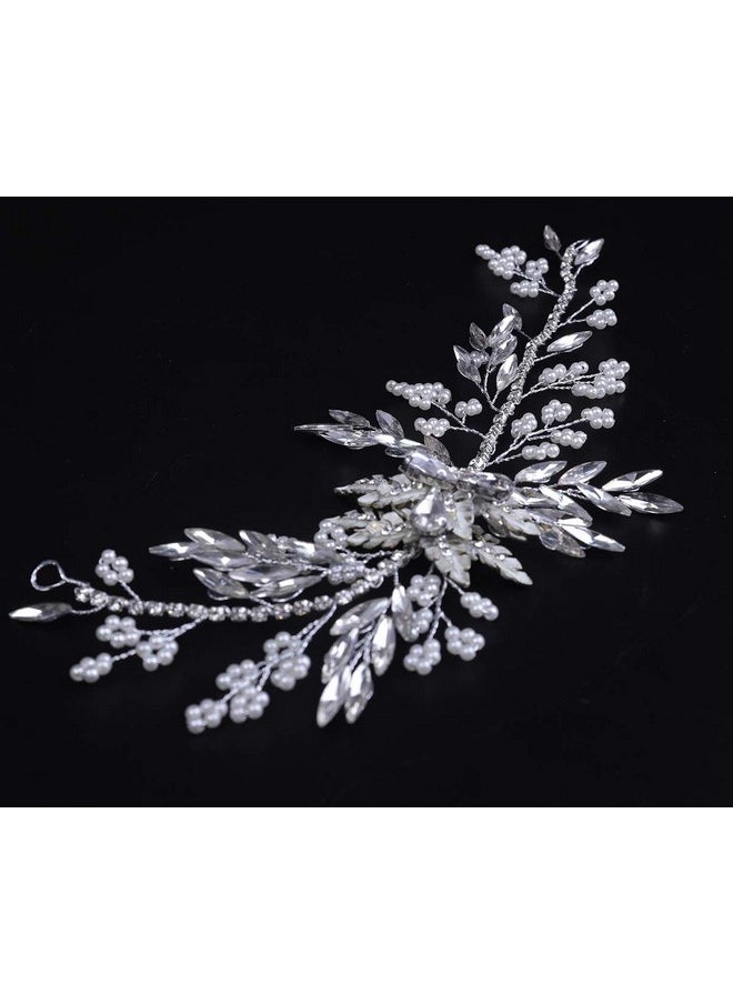 YERTTER Bride Handmade Silver Wedding Leaf Crystal Rhinestone Headpiece With Pearls And Hair Accessories  - Image 2