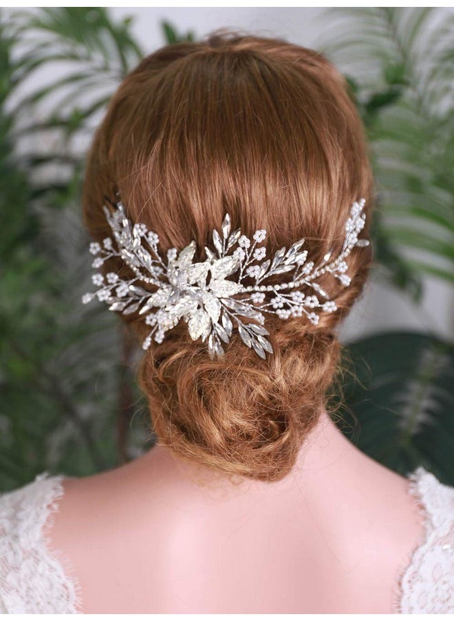 YERTTER Bride Handmade Silver Wedding Leaf Crystal Rhinestone Headpiece With Pearls And Hair Accessories  - Image 1