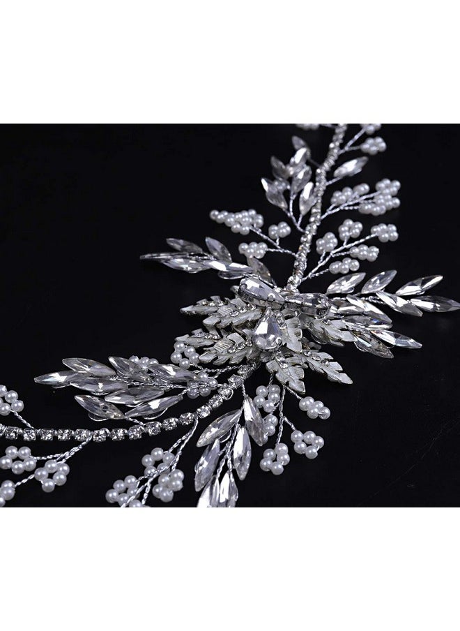 YERTTER Bride Handmade Silver Wedding Leaf Crystal Rhinestone Headpiece With Pearls And Hair Accessories  - Image 4