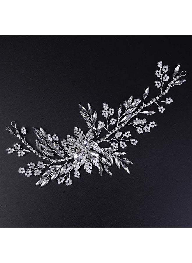 YERTTER Bride Handmade Silver Wedding Leaf Crystal Rhinestone Headpiece With Pearls And Hair Accessories  - Image 3