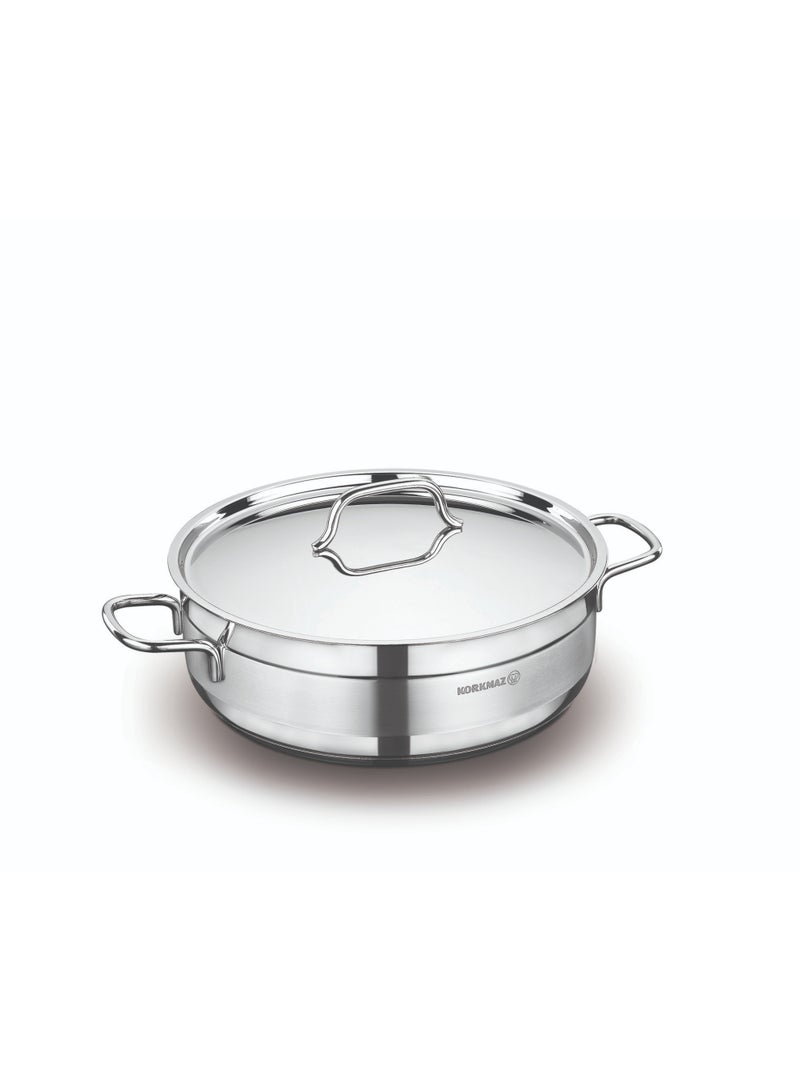 Korkmaz Alfa low stainless steel casserole pot, 26 cm capacity.