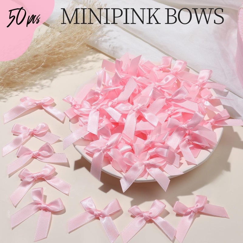 YGDZ Mini Pink Bows - 50 PCS, Satin Fabric Ribbons for Crafts, Tiny Bows for Wedding Party Favors, Gift Box Decorations - Image 5
