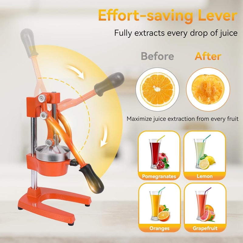 TONGCHANT TONGCHANT Cast Iron Orange Juice Squeezer of 15Inch Tall and 5Inch Diameter FunnelSturdy Heavy Duty Manual Juicer Lemon Press SqueezerEasytoClean Stainless Steel Juicer Hand PressOrange  - Image 4