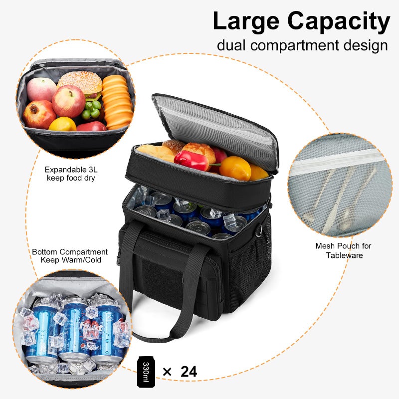 Gafetrey Expandable Large Tactical Lunch Box for Adults, Heavy Duty Durable Lunch Cooler Bag with MOLLE Lunch Pail for Work Camping Fishing Picnic (Black, 16L) - Image 3