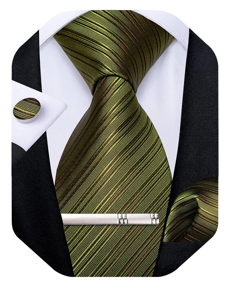 DiBanGu Mens Silk Necktie Solid Color Tie and Pocket Square Cufflink Tie Clip Set Woven Plain Ties for Men Wedding Party, Olive Green - Image 1