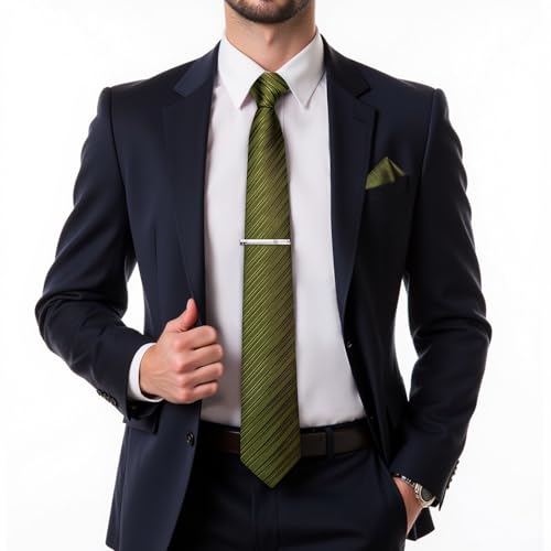 DiBanGu Mens Silk Necktie Solid Color Tie and Pocket Square Cufflink Tie Clip Set Woven Plain Ties for Men Wedding Party, Olive Green - Image 2