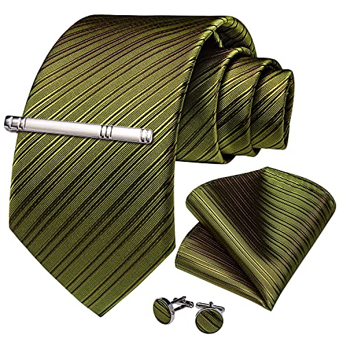DiBanGu Mens Silk Necktie Solid Color Tie and Pocket Square Cufflink Tie Clip Set Woven Plain Ties for Men Wedding Party, Olive Green - Image 3