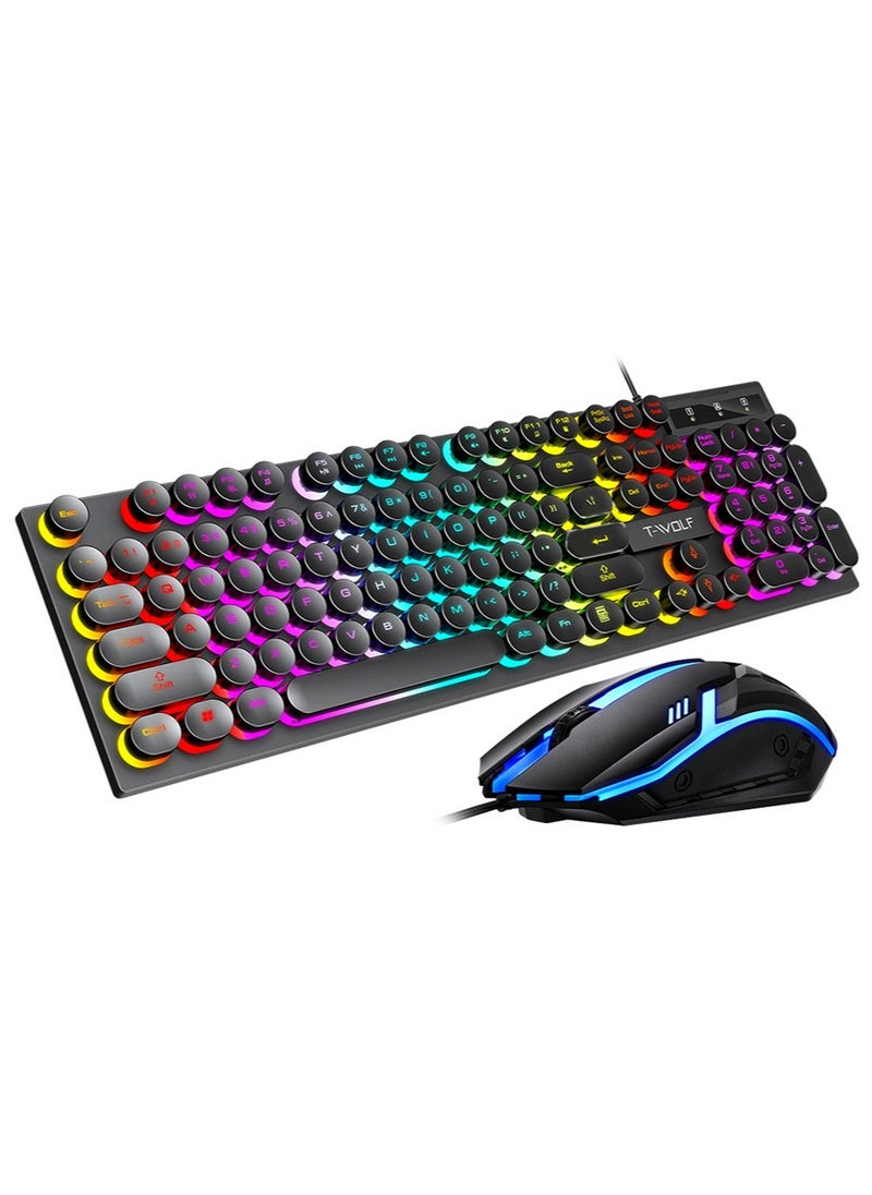 T-WOLF - Typewriter Style Mechanical Gaming Keyboard and Mouse Combo RGB Backlit Wired with Switch Retro Round Keycap 104 Keys Keyboard  Cool Light Up Keyboard and Mouse for Gaming,Work,Mac,PC,Windows - Image 1