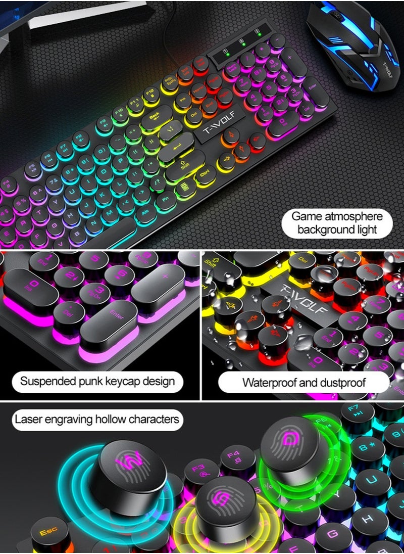 T-WOLF - Typewriter Style Mechanical Gaming Keyboard and Mouse Combo RGB Backlit Wired with Switch Retro Round Keycap 104 Keys Keyboard  Cool Light Up Keyboard and Mouse for Gaming,Work,Mac,PC,Windows - Image 1