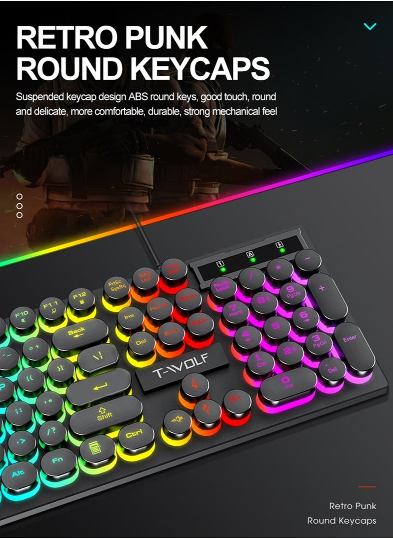 T-WOLF - Typewriter Style Mechanical Gaming Keyboard and Mouse Combo RGB Backlit Wired with Switch Retro Round Keycap 104 Keys Keyboard  Cool Light Up Keyboard and Mouse for Gaming,Work,Mac,PC,Windows - Image 1