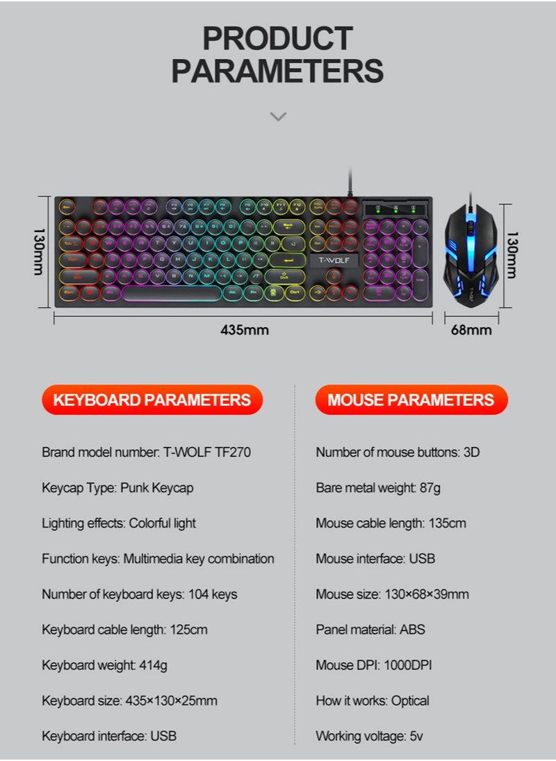 T-WOLF - Typewriter Style Mechanical Gaming Keyboard and Mouse Combo RGB Backlit Wired with Switch Retro Round Keycap 104 Keys Keyboard  Cool Light Up Keyboard and Mouse for Gaming,Work,Mac,PC,Windows - Image 1