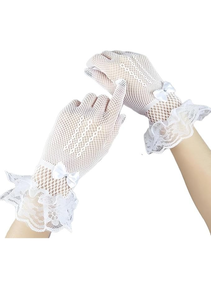 Women's lace gloves featuring a bow adorned with stones; made of stretchy nylon fabric, suitable for weddings and evening events. - Image 1