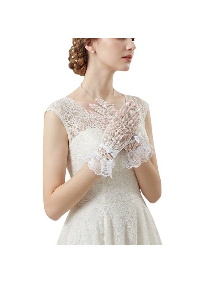 Women's lace gloves featuring a bow adorned with stones; made of stretchy nylon fabric, suitable for weddings and evening events. - Image 3