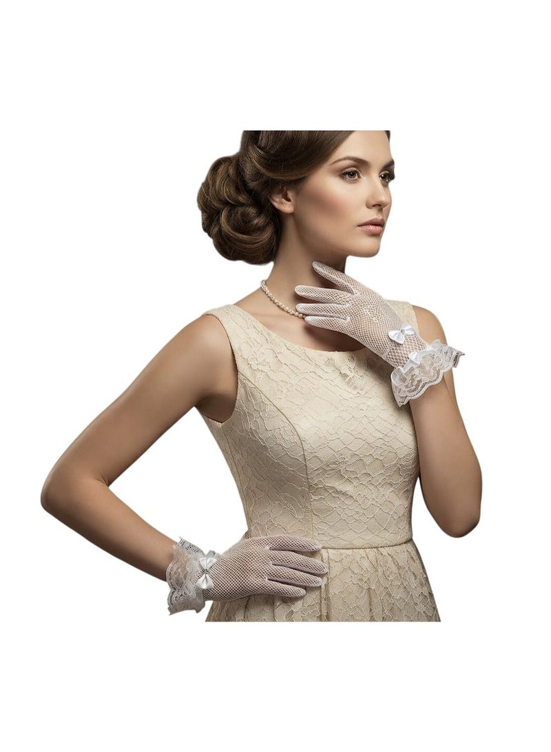 Women's lace gloves featuring a bow adorned with stones; made of stretchy nylon fabric, suitable for weddings and evening events. - Image 2
