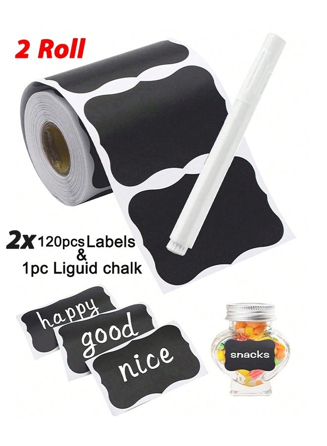 2-Roll 120pcs Chalkboard Sticker Labels with 1 White Pen – Reusable Waterproof Label Tape for Storage Bins, Weddings, Crafts, Kitchen, Parties - Image 1