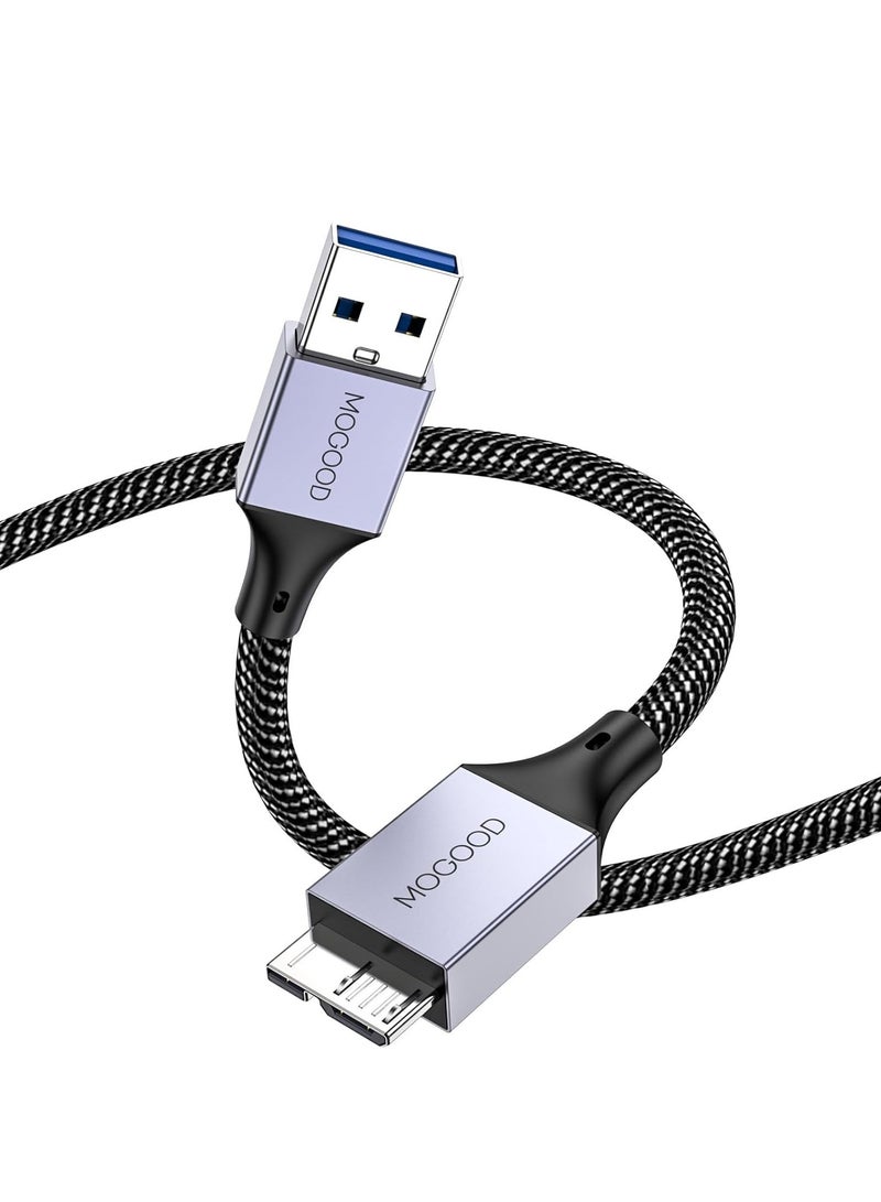MOOGOO Micro B to USB Male Data Cable, 3.0 Compatible with Portable External Hard Drives, WD Elements, Seagate Expansion, Samsung M3 1TB/Galaxy S5/Note 3 - Grey - Image 1