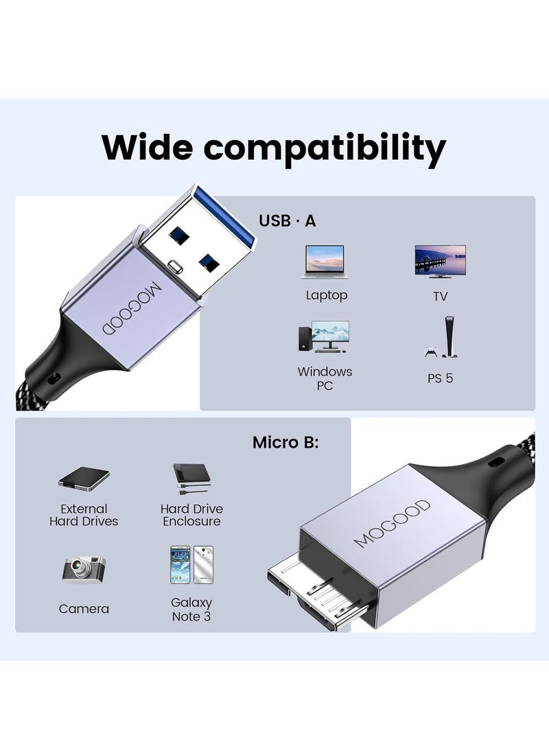 MOOGOO Micro B to USB Male Data Cable, 3.0 Compatible with Portable External Hard Drives, WD Elements, Seagate Expansion, Samsung M3 1TB/Galaxy S5/Note 3 - Grey - Image 2