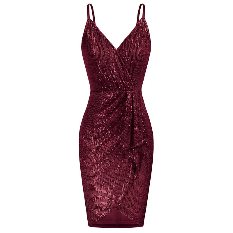 Suspenders V-Neck Backless Sequins Tight Hip Evening Dress Manufacturers Multi-Silk Irregular Dress - Image 1