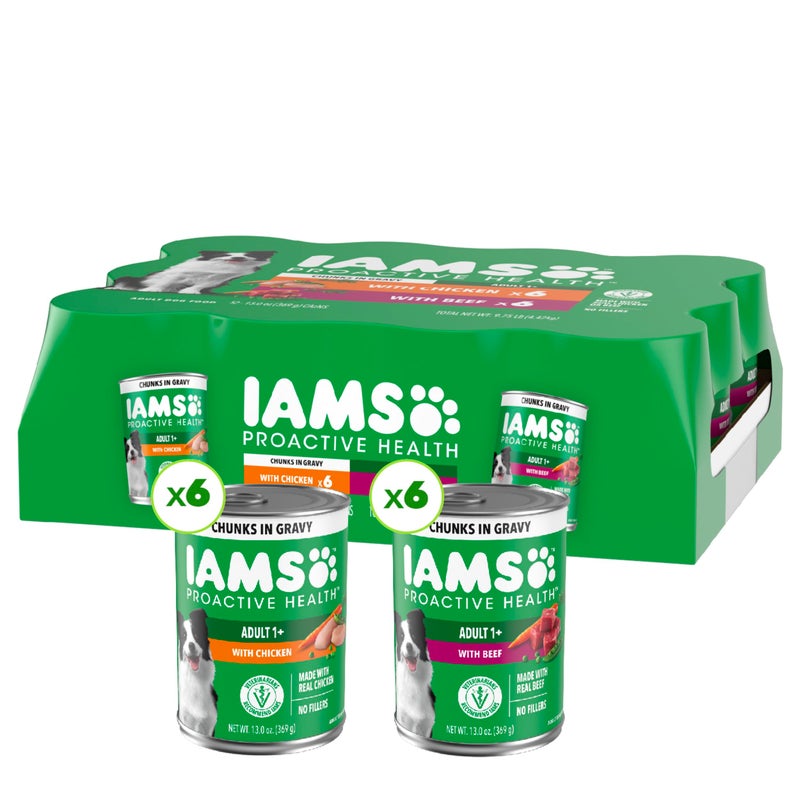IAMS Proactive Health Wet Dog Food Adult, Canned Dog Food, Chicken Chunks in Gravy and Beef Chunks in Gravy, 13 oz. Cans, Pack of 12 - Image 1