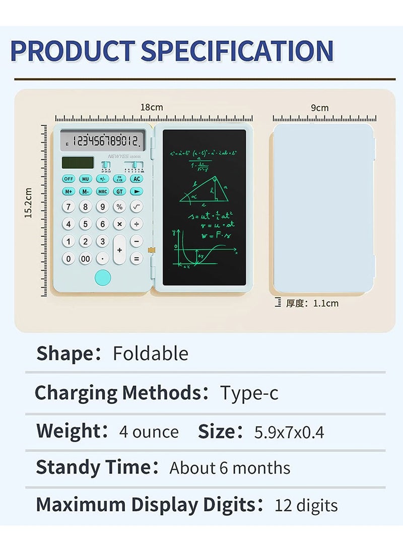 Kidle - Upgraded Rechargeable Basic Calculator with 6.5 Inch Notepad Standard Calculator Pocket 12 Digits Function 2 in 1 Portable for School Office - Image 1