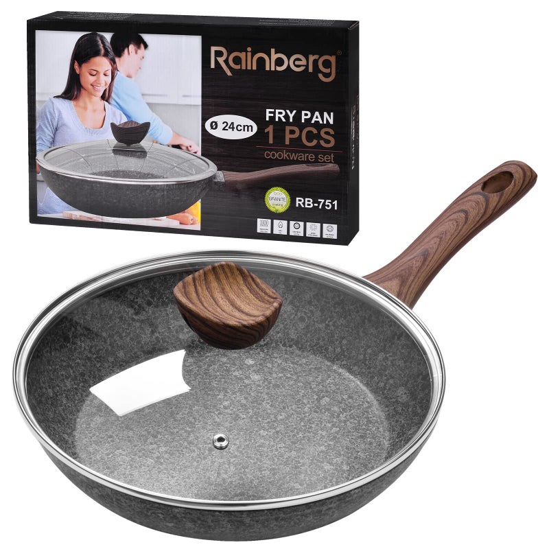Rainberg 24CM Frying Pan with Lid Granite Nonstick Frying Pans with Lid Stone Frying Pan Induction Compatible 24CM