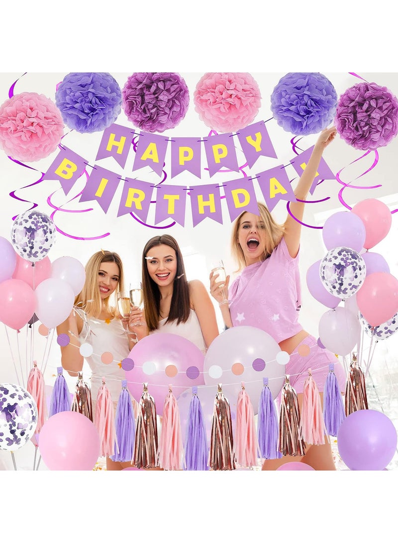 Arabest Purple Pink Party Decorations for Women Girls With Happy Birthday Banner, Hanging Swirls, Tissue Paper Pompoms, Circle Dots Garland, Tassel Garland, Purple Balloons - Image 3