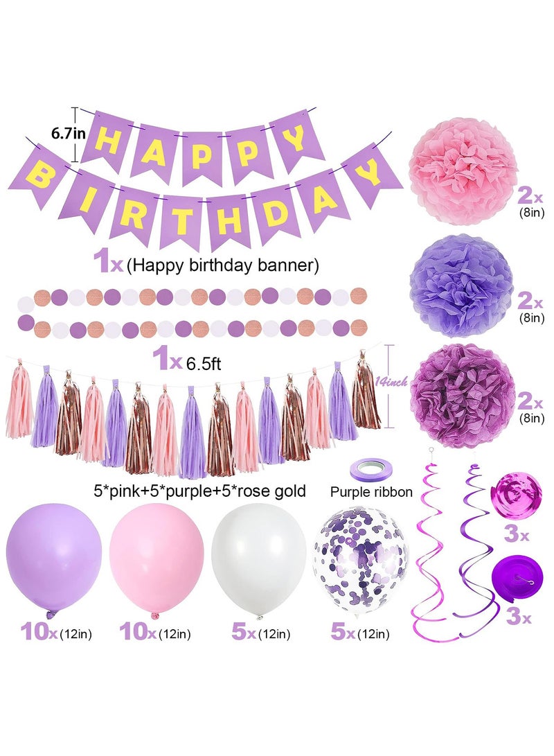 Arabest Purple Pink Party Decorations for Women Girls With Happy Birthday Banner, Hanging Swirls, Tissue Paper Pompoms, Circle Dots Garland, Tassel Garland, Purple Balloons - Image 2