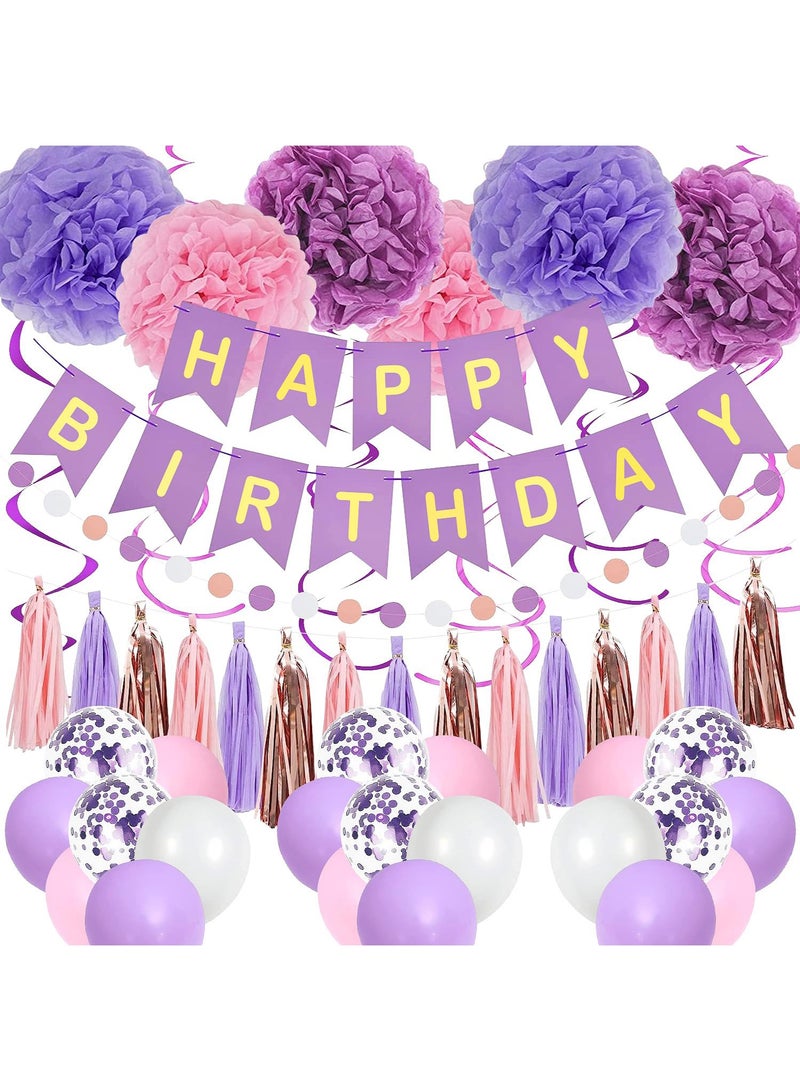 Arabest Purple Pink Party Decorations for Women Girls With Happy Birthday Banner, Hanging Swirls, Tissue Paper Pompoms, Circle Dots Garland, Tassel Garland, Purple Balloons - Image 1