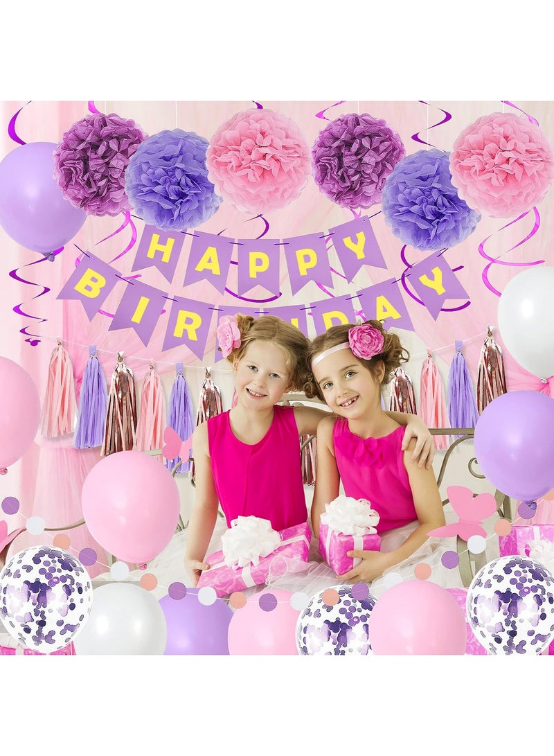 Arabest Purple Pink Party Decorations for Women Girls With Happy Birthday Banner, Hanging Swirls, Tissue Paper Pompoms, Circle Dots Garland, Tassel Garland, Purple Balloons - Image 4