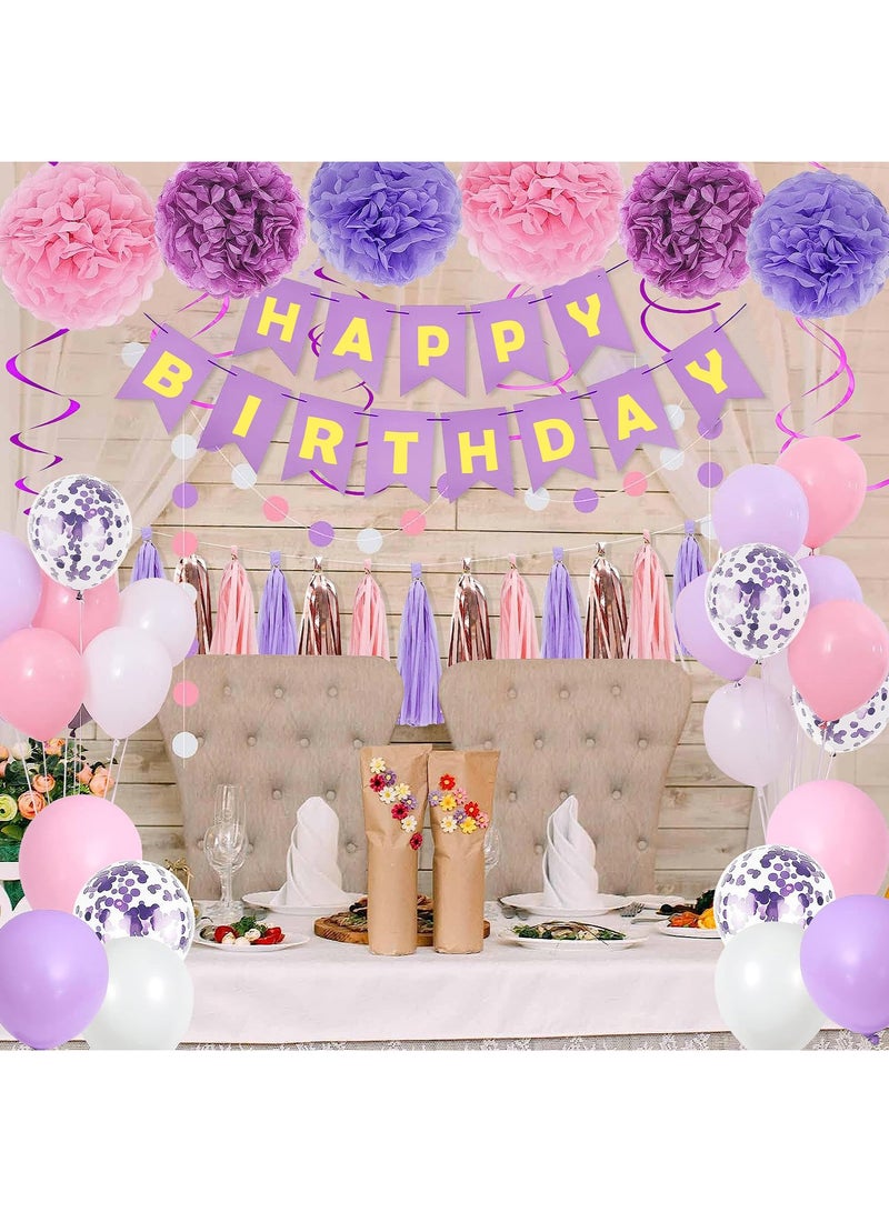 Arabest Purple Pink Party Decorations for Women Girls With Happy Birthday Banner, Hanging Swirls, Tissue Paper Pompoms, Circle Dots Garland, Tassel Garland, Purple Balloons - Image 5