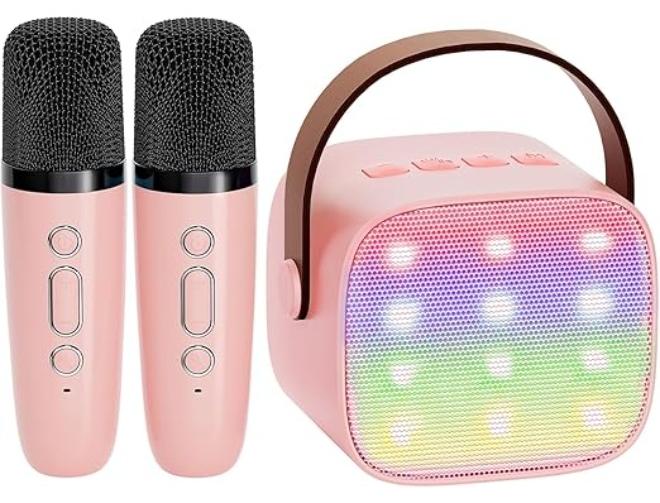 كاريوكي صغير للأطفال والكبار، مكبر صوت بلوتوث محمول مع ميكروفونين لاسلكيين، هدايا عيد الميلاد للبنات/الأولاد من سن 4 سنوات فما فوق (وردي) - Image 1