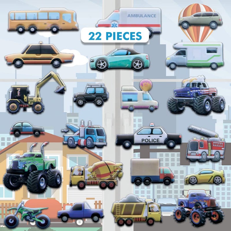 JesPlay Cars and Trucks Window Clings for Kids  Toddlers by Jesplay USA  Reusable Window Stickers Gels  Decals Puffy Sticker Activites for Car Plane Home  Police Race Cars Monster Tow Fire Truck 
