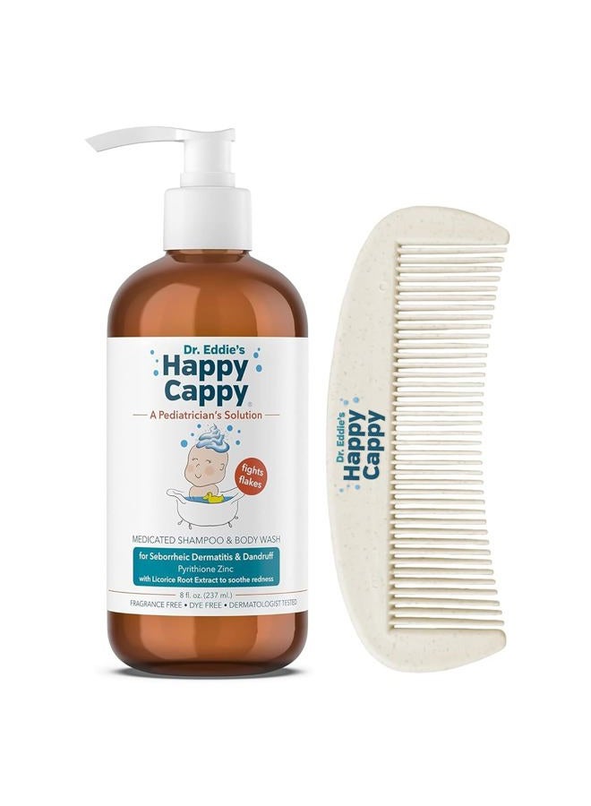 Happy Cappy شامبو وغسول الجسم الطبي لقشرة الرأس مع مشط - شامبو قشرة الرأس للأطفال، يساعد الرضع على التهاب الجلد الدهني، يقلل من القشور، مختبر من قبل أطباء الجلد، خالي من العطور - 8 أونصات سائلة - Image 1