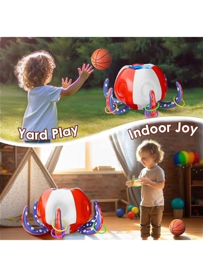 Generic Pool Wave Kids Octopus Pool Toys, 2-in-1 Inflatable Float Water Game Basketball Hoop Ring Toss Outdoor Swim Cool Summer Family Party Gift 3 4 5 6 7 8 Yr Old Boy Girl Child-Blue Red White  - Image 4