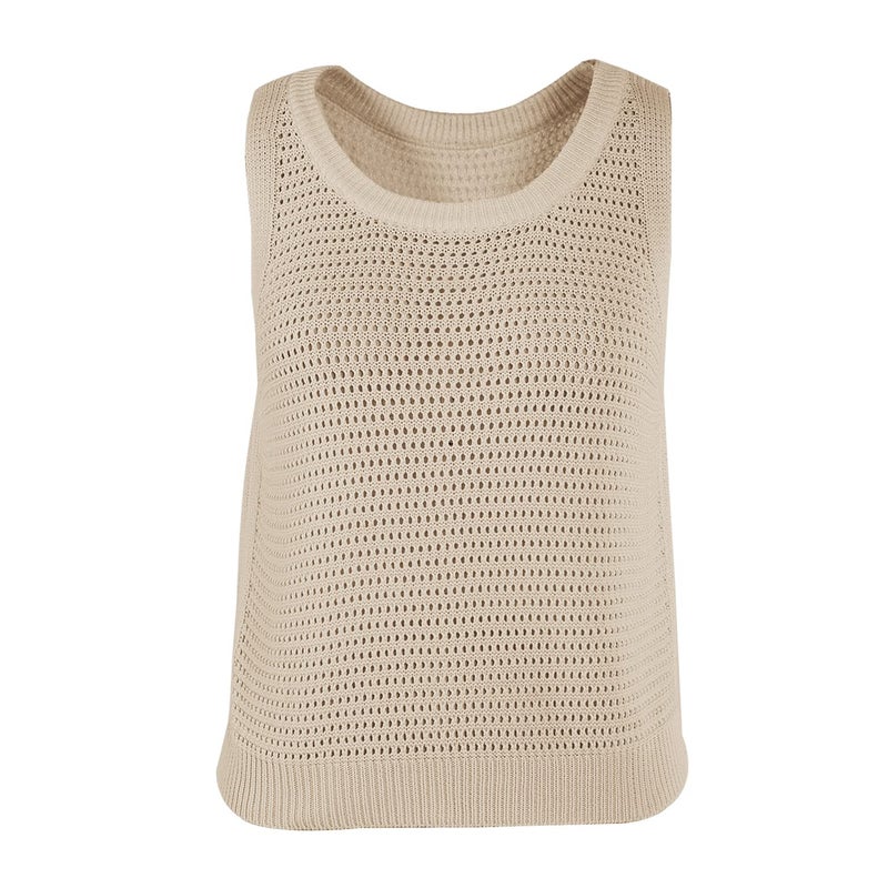 FISACE Womens Summer Knit Sweater Tank Tops Round Neck Crochet Hollow Out Sleeveless Casual Crop Shirt Beige - Image 2