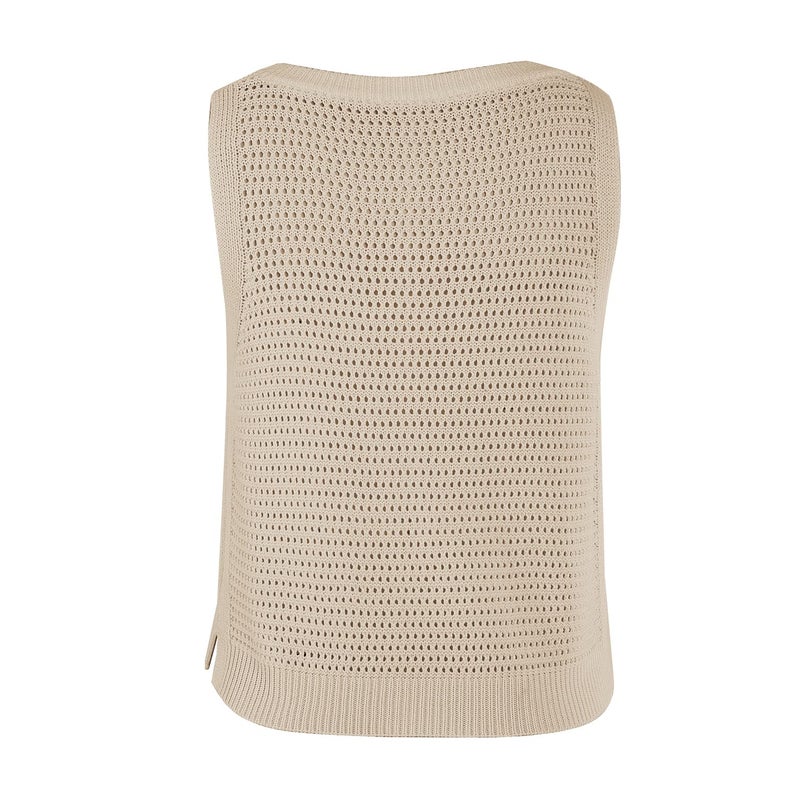 FISACE Womens Summer Knit Sweater Tank Tops Round Neck Crochet Hollow Out Sleeveless Casual Crop Shirt Beige - Image 3