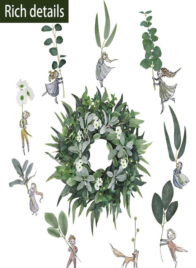 BINFEN 24" - 26" Green Eucalyptus Wreath for Front Door with Lambs Ear White Flowers - Lifelike Spring, Summer, Fall, and Winter Farmhouse Home Decor for Porch, Window, Wall, and Fireplace - Image 2