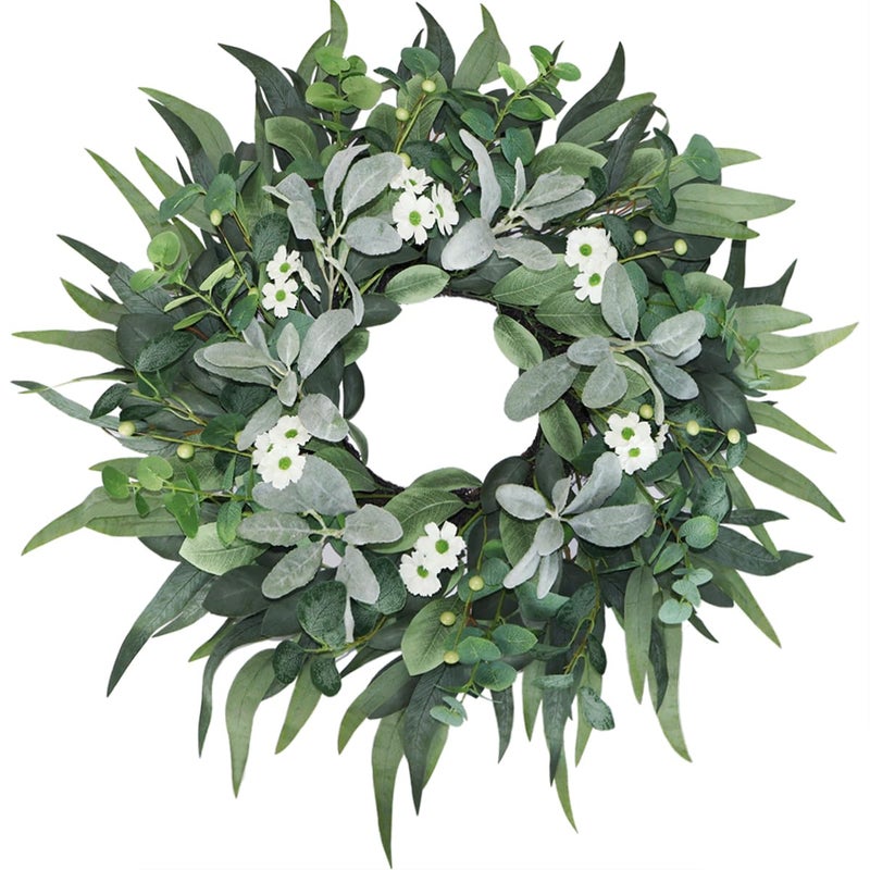 BINFEN 24" - 26" Green Eucalyptus Wreath for Front Door with Lambs Ear White Flowers - Lifelike Spring, Summer, Fall, and Winter Farmhouse Home Decor for Porch, Window, Wall, and Fireplace - Image 1