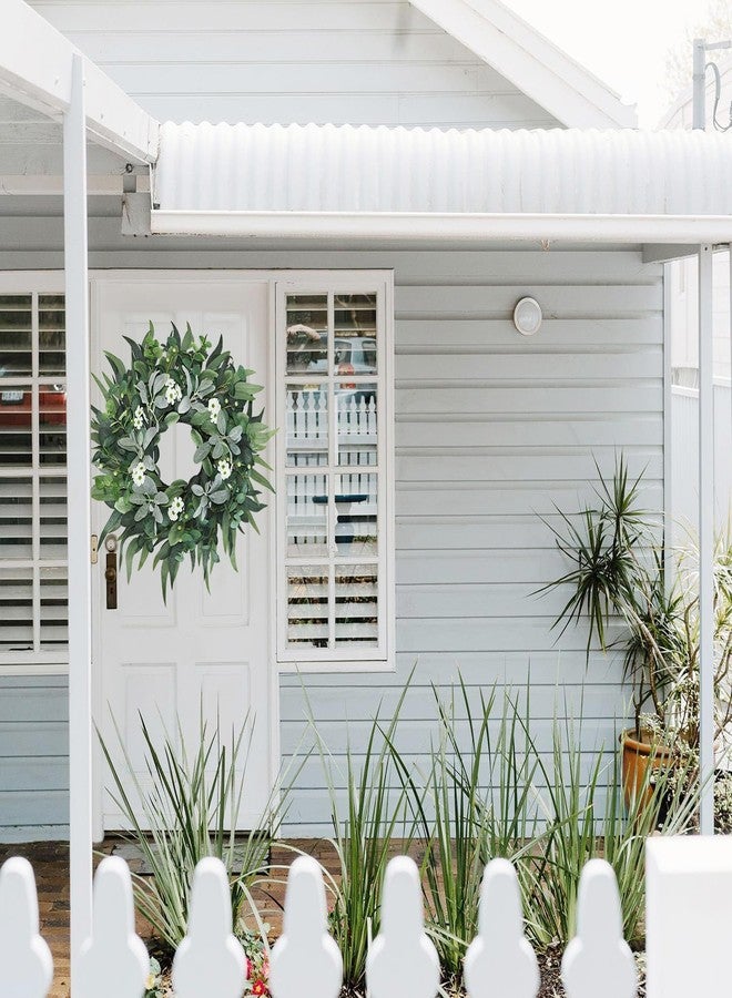 BINFEN 24" - 26" Green Eucalyptus Wreath for Front Door with Lambs Ear White Flowers - Lifelike Spring, Summer, Fall, and Winter Farmhouse Home Decor for Porch, Window, Wall, and Fireplace - Image 3