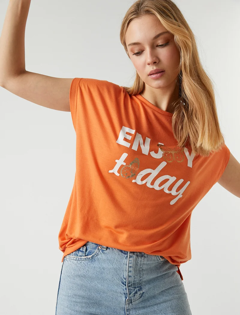 KOTON Slogan Printed T-Shirt Short Sleeve Crew Neck